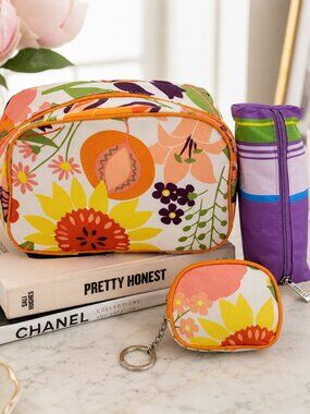 Clinique 3-Piece Cosmetic Bag Set Floral Makeup Pouch Coin Purse Keychain